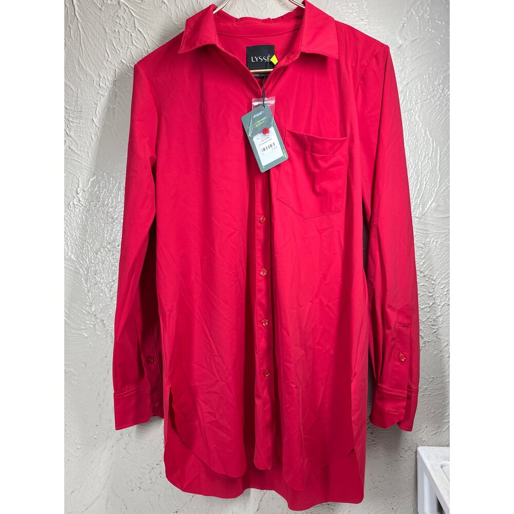 Lysse Schiffer Button Down Shirt Rich Currant Red Stretch‎ Tunic Top Size Small